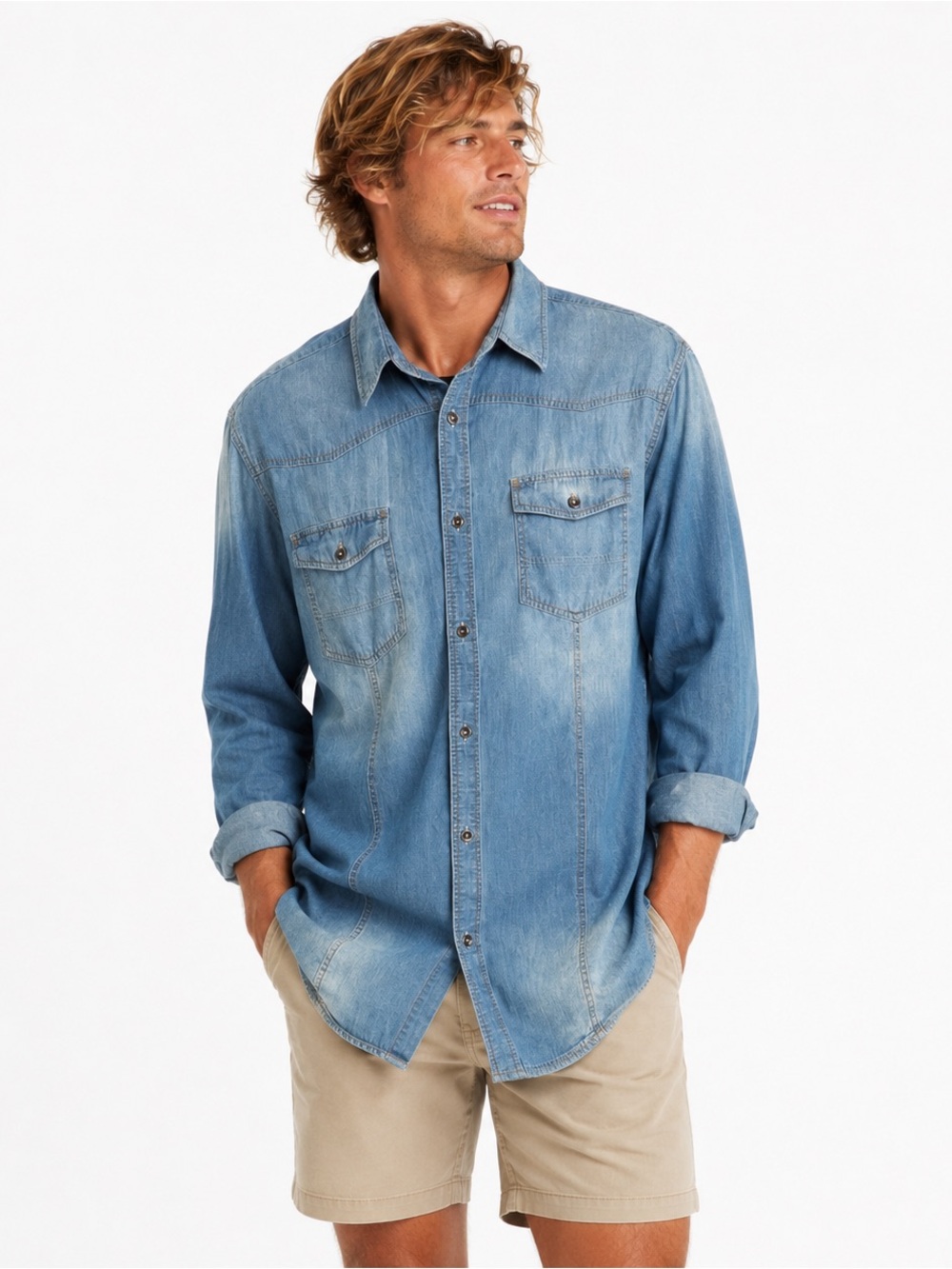COASTAL Men’s Denim Chambray Western Button Front Shirt Large 100% Cotton Surf